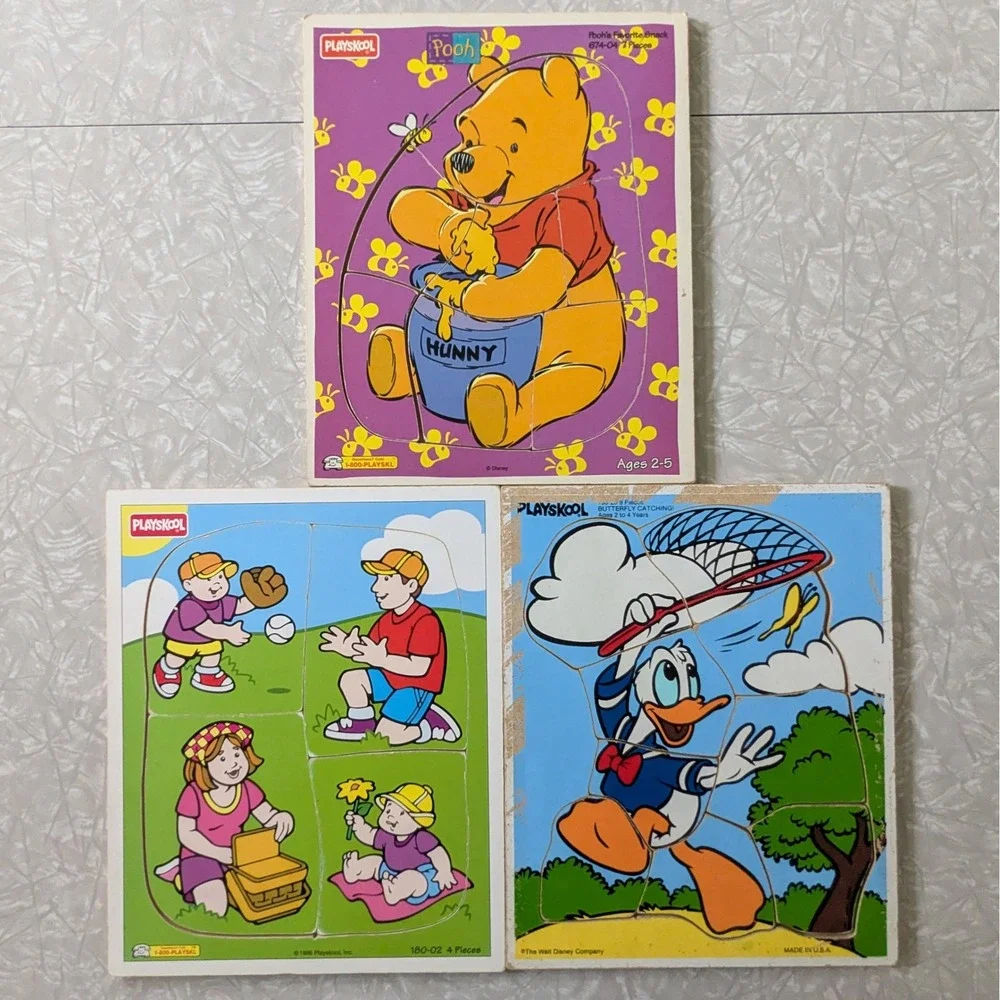 Vintage Playskool Wooden Puzzles Lot Winnie the Pooh Donald Duck Family Picnic